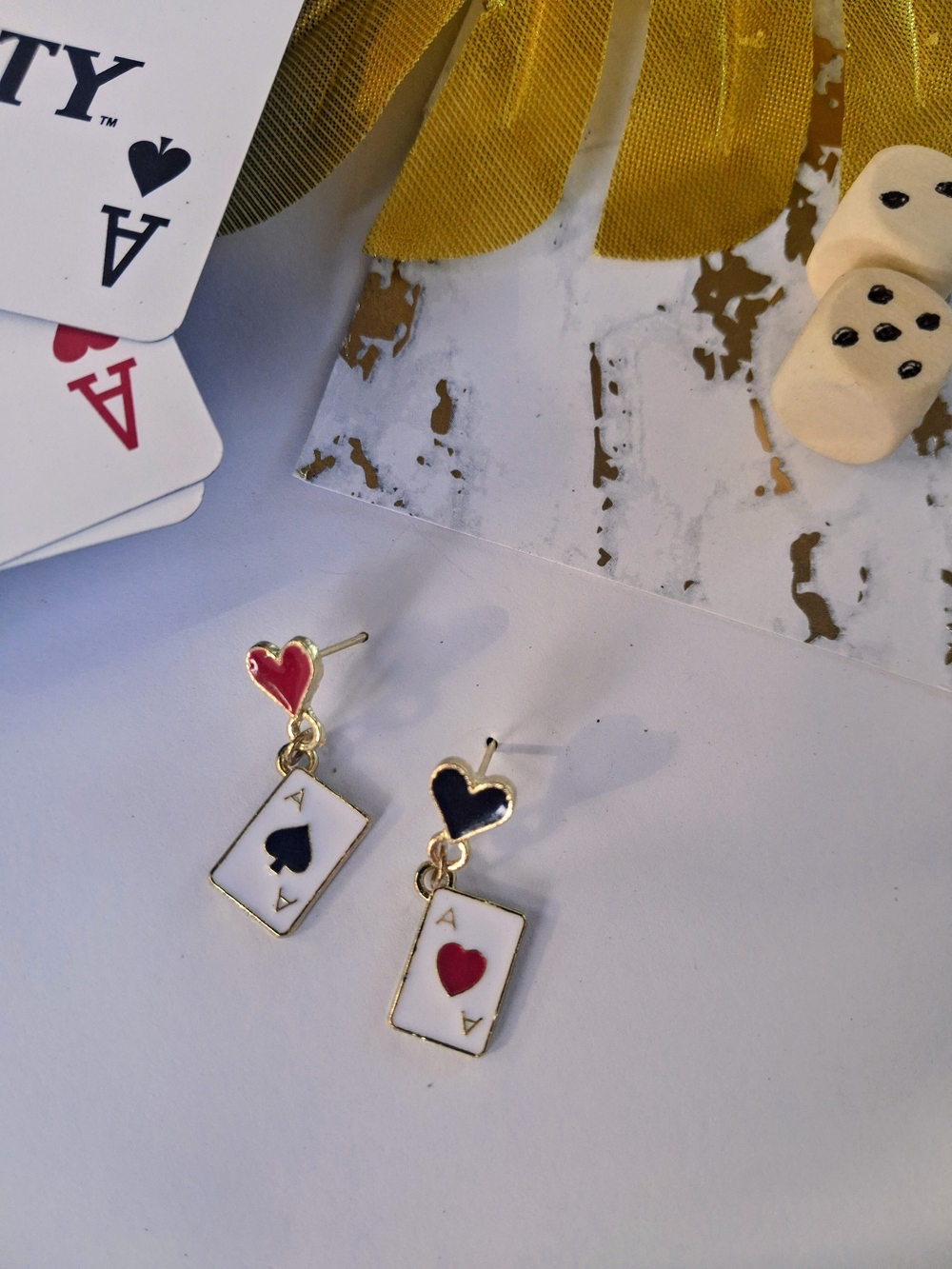 Gold Tone Playing Card Ace Heart Drop Earrings - Red & Black